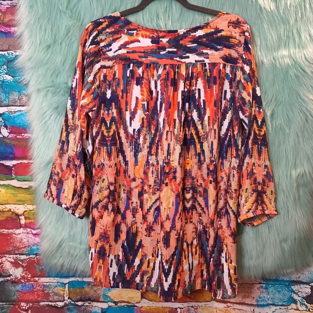 A.N.A Orange Blue and White Multi Color V-Neck Front Tie Long Sleeve Top Size L - Picture 2 of 9
